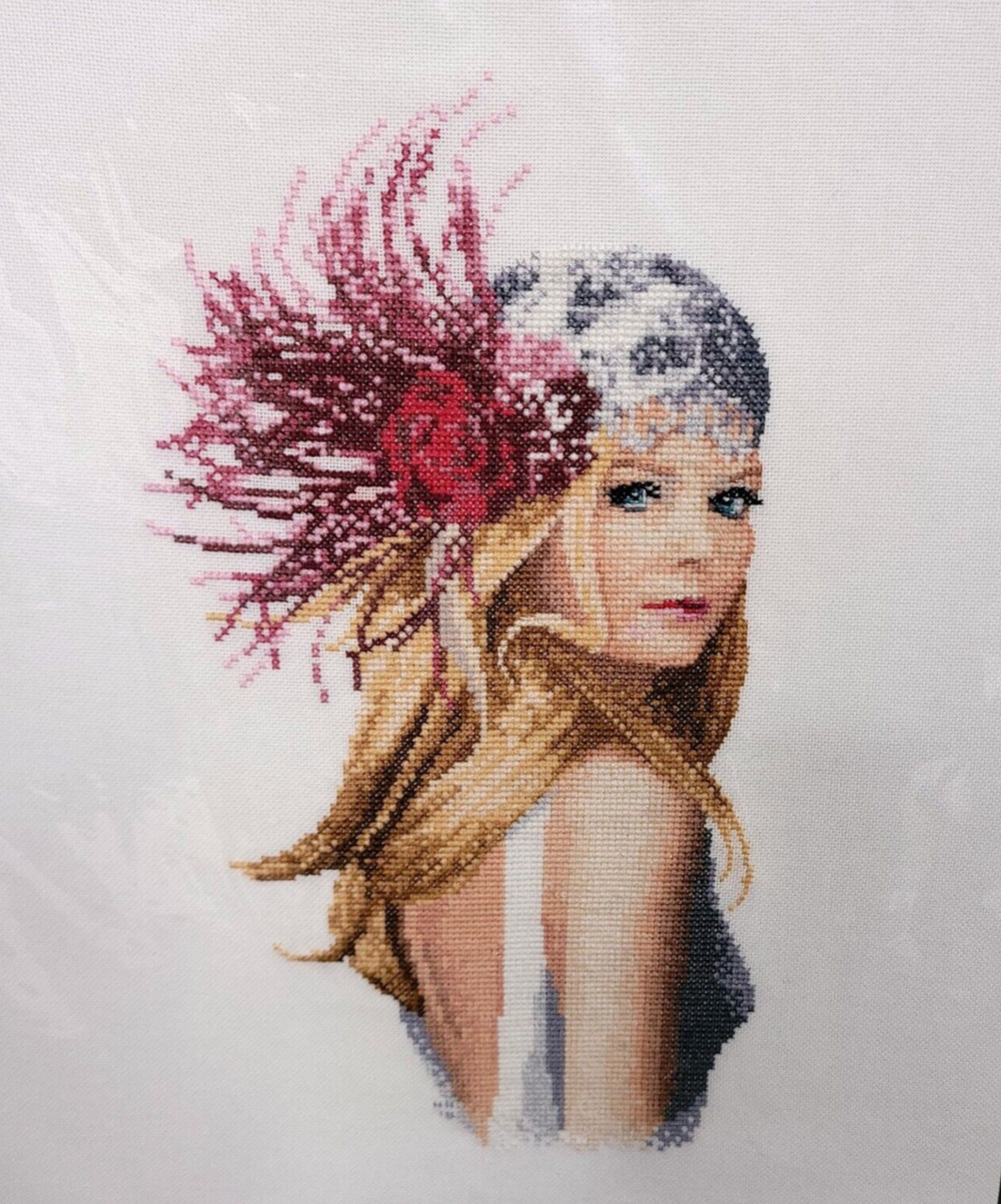 Handmade Completed Cross Stitch Woman Portrait Floral Headdress Needlework Art
